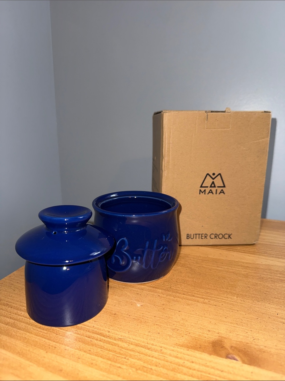 Blue Ceramic Butter Crock with Lid